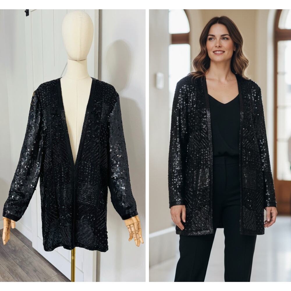 Vintage Niteline Women’s Size L Silk Black Sequined Beaded Evening Long Jacket